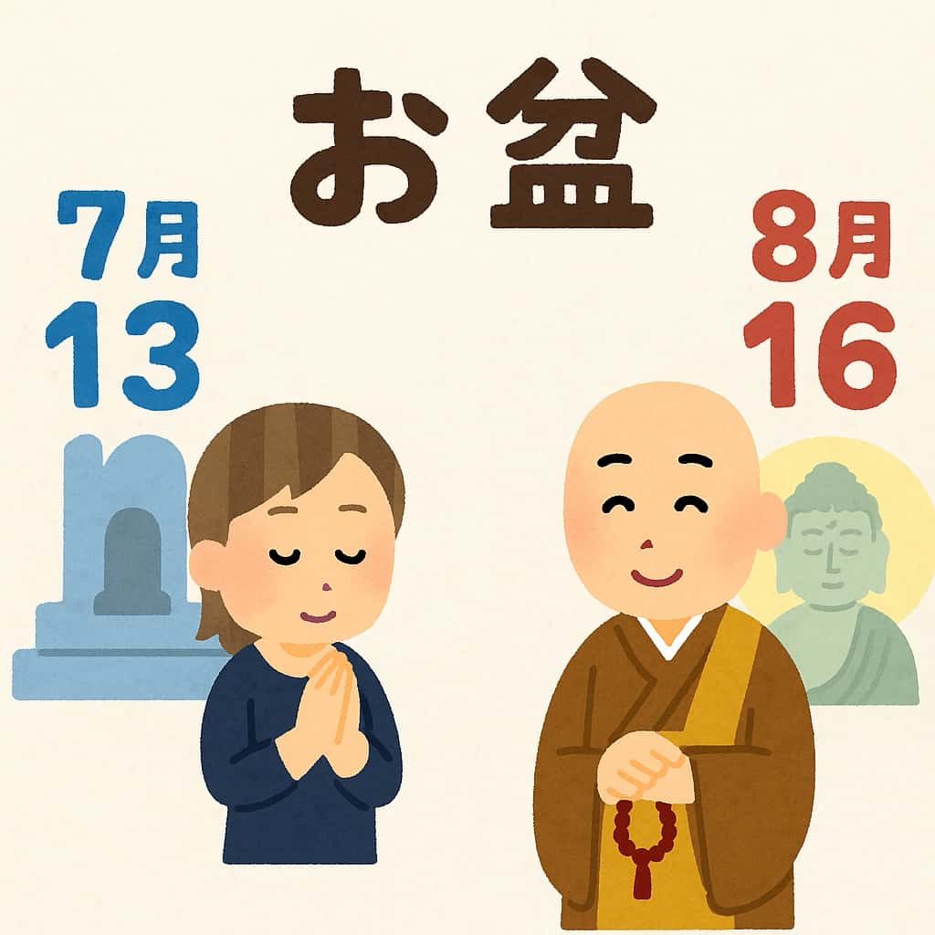 初盆の時期について女性からの質問に答えるお坊さんイラスト画像