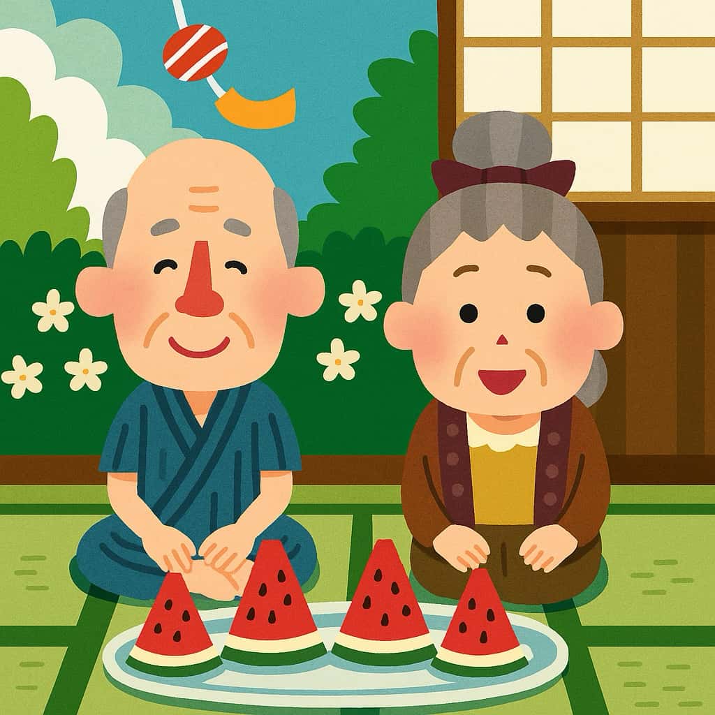 スイカを食べながら初盆法要の準備をする老夫婦のイラスト画像