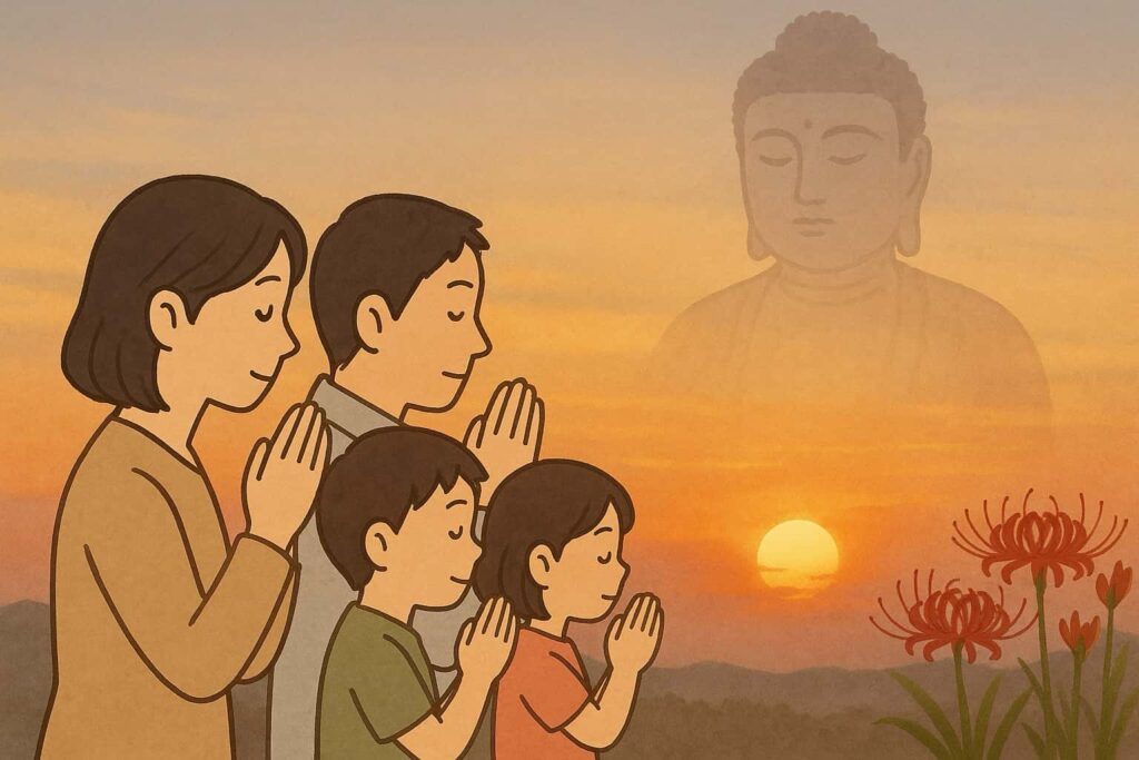 彼岸会に家族揃って、西に沈みゆく夕日を眺めながら阿弥陀仏に合掌している光景のイラスト画像