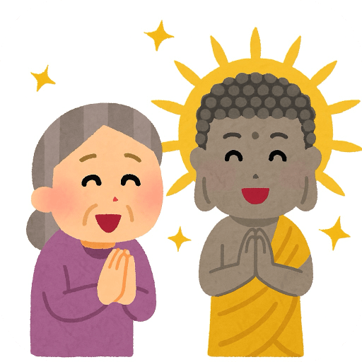 法要でお婆ちゃんと仏様が笑っているイラスト画像