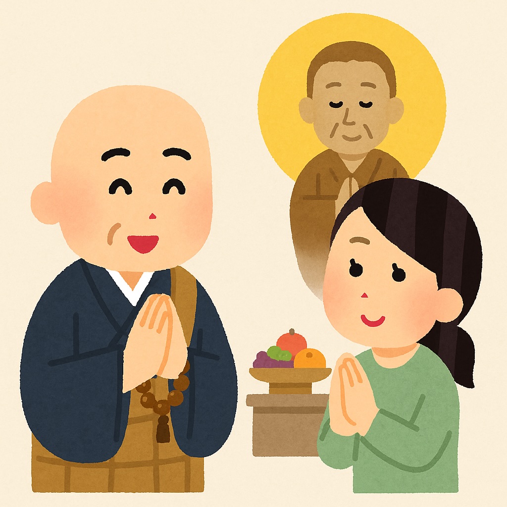 盂蘭盆会の説明をしているお坊さんのイラスト画像