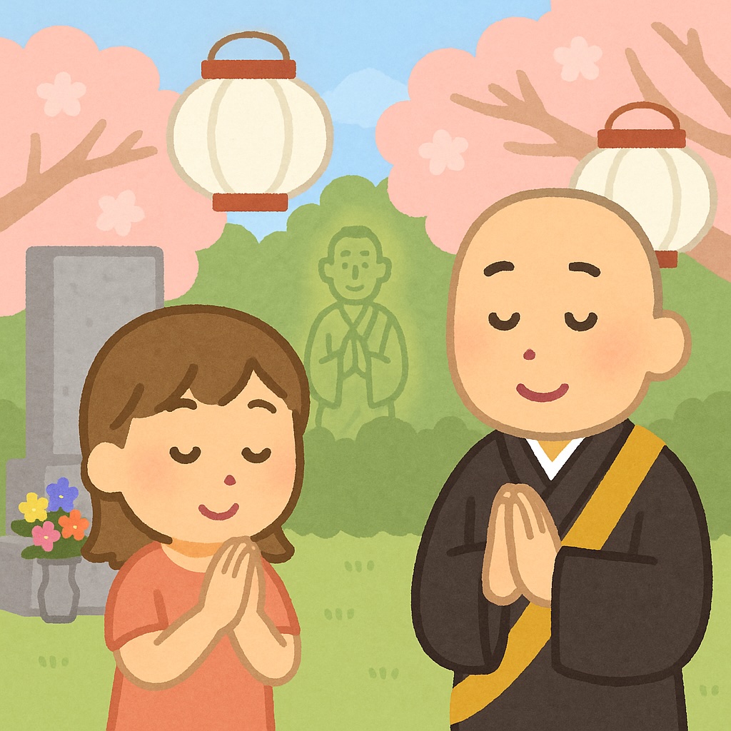 盂蘭盆会をお勧めするお坊さんイラスト画像