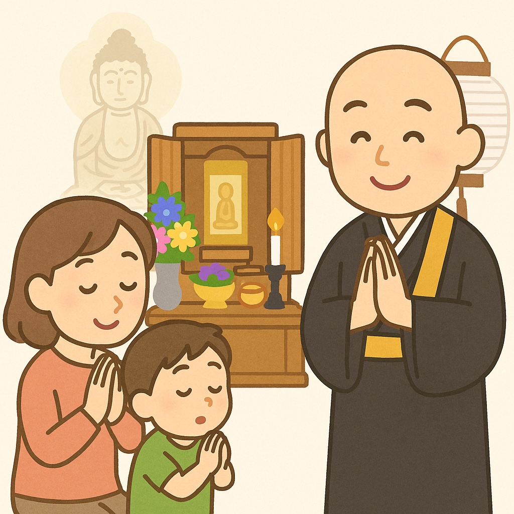 盂蘭盆会のお供えや飾り付けの説明をしている出張お坊さんのイラスト画像