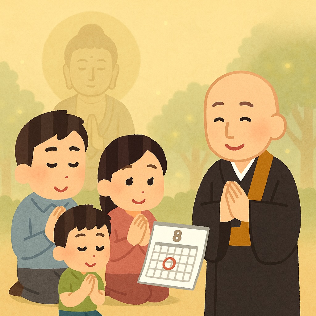 盂蘭盆会の予約の説明をしているお坊さんのイラスト画像