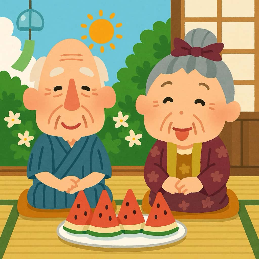 盂蘭盆会に、ご先祖様のおじいちゃんとお婆ちゃんにスイカをお供えしているイメージイラスト画像
