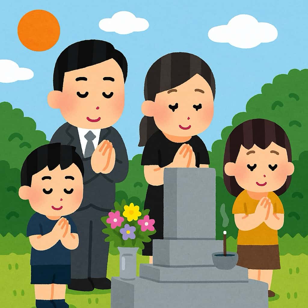 盂蘭盆会に家族でお墓参りをしているイラスト画像