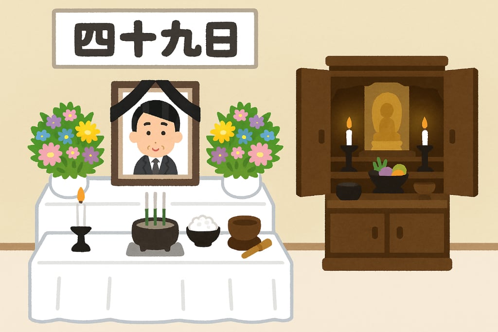 四十九日法要の時に行われる入仏慶讃法要はお布施の追加費用なしで49日法要とセットで行える説明イラスト画像。